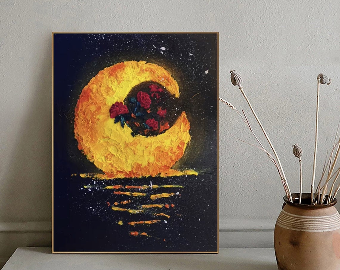 Golden Crescent Moon Roses Night Sky Textured Oil Painting Poster