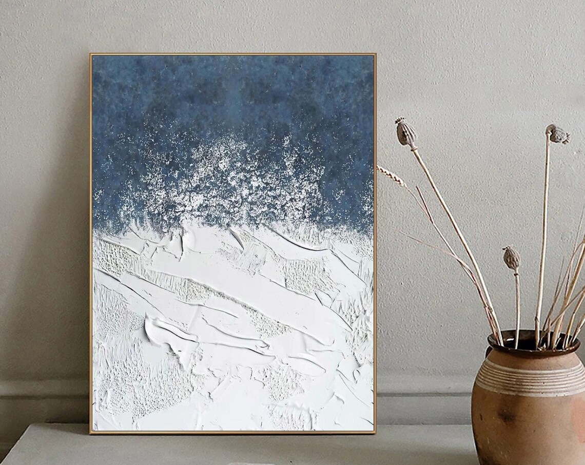 Navy Night Sky White Snow Waves Textured Impasto Neutral Poster