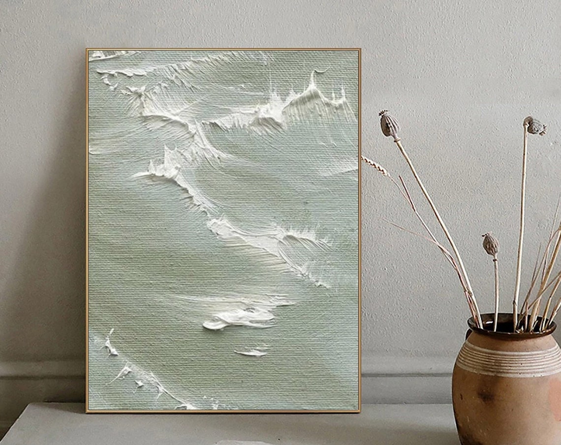 Sage Green Ocean Wave Abstract Impasto Textured Sea Art Poster