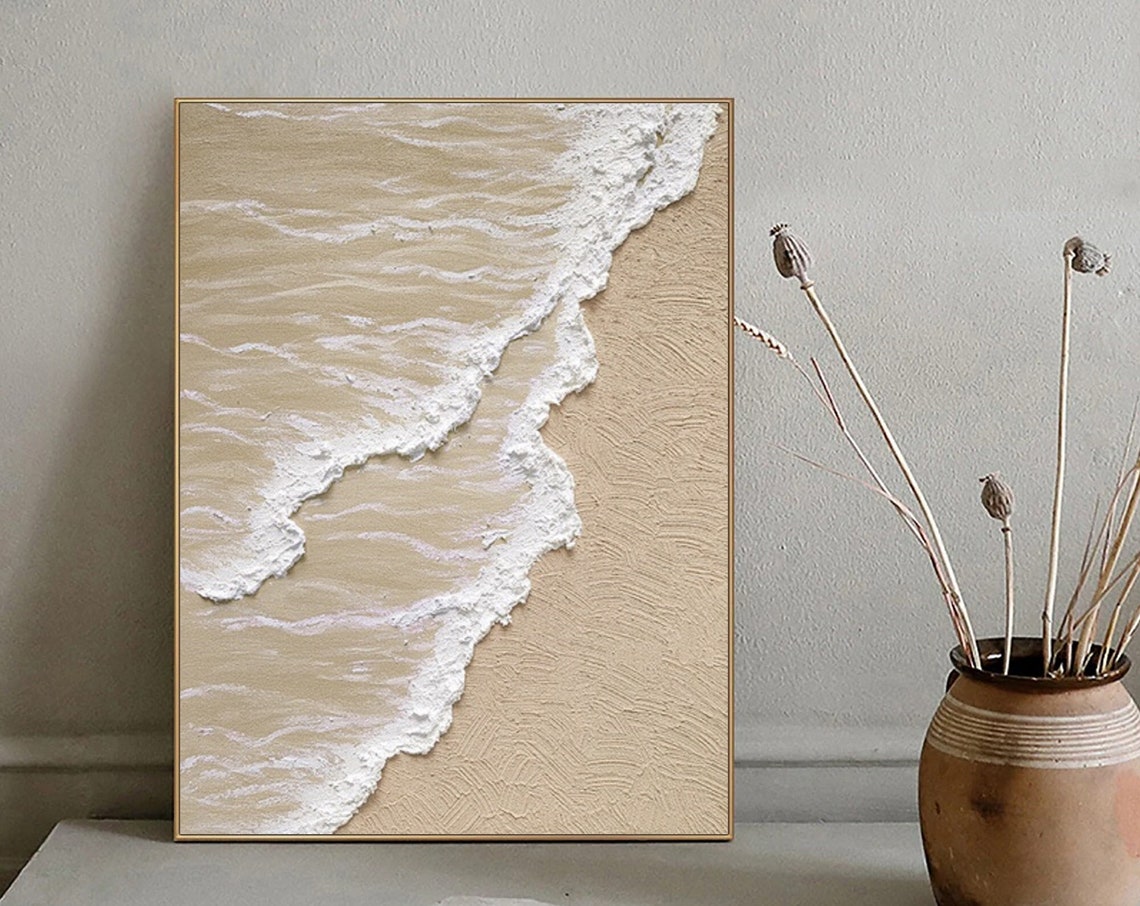 Beige Sand Beach Aerial with White Foam Waves Textured Ocean Poster