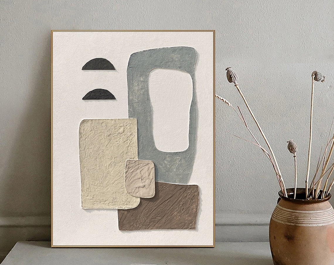 Original Textured Abstract Painting Beige And Blue 3d Textured Wall Art Wall Decor Painting Beige Brown Minimalist Wall Art For Home Decor - Image 4
