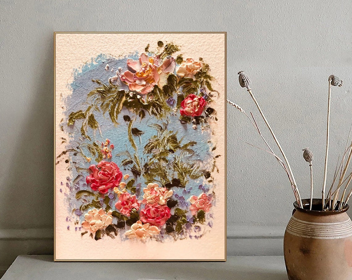 Pink Peony Rose Bouquet Impasto Floral Oil Painting Neutral Poster