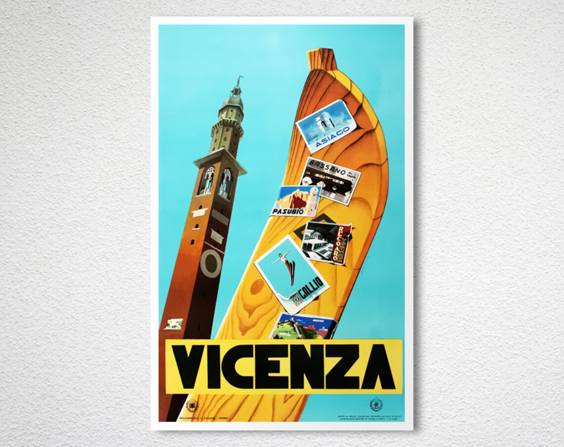 Vicenza Italy Vintage Travel Poster Campanile Tower Ski Stickers - Image 2