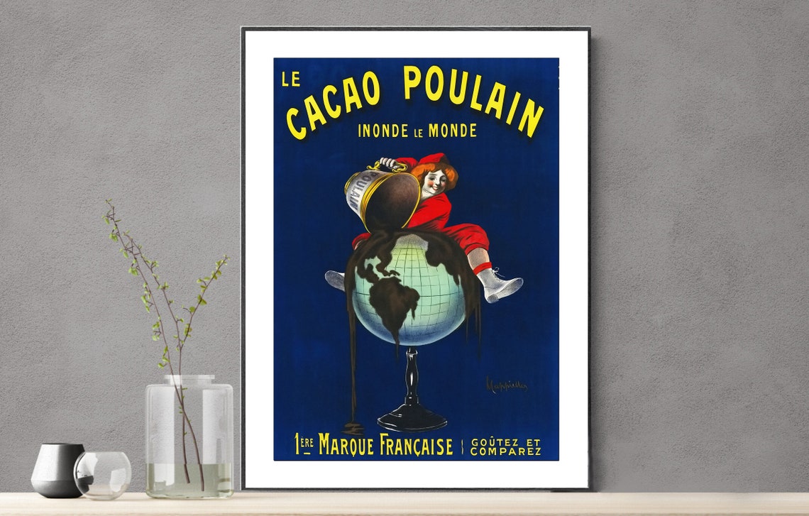Le Cacao Poulain Globe Pouring Cocoa Cappiello Vintage Ad Poster
