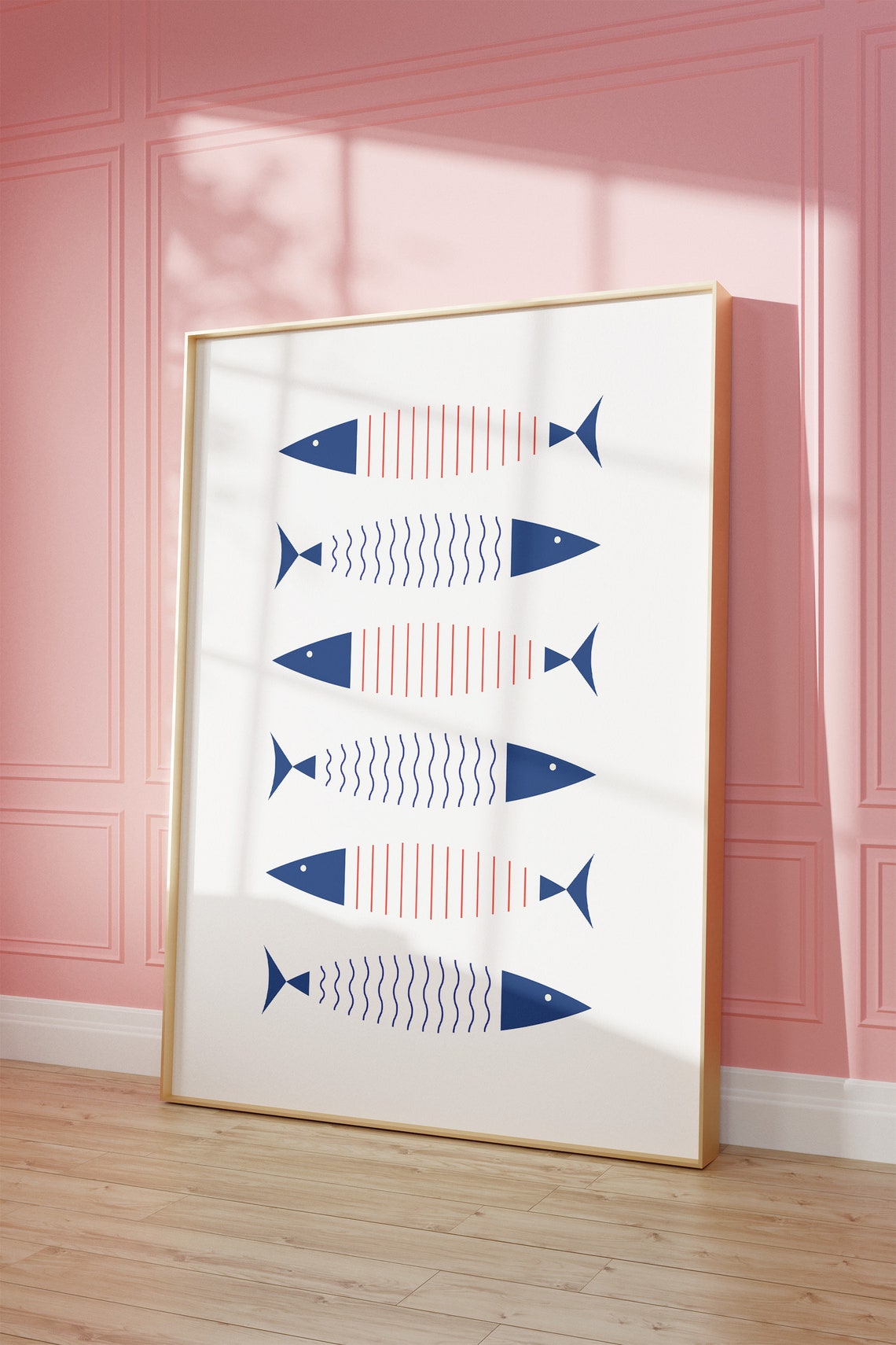 Minimalist Blue Red Geometric Fish School Seafood Kitchen Wall Art - Image 3