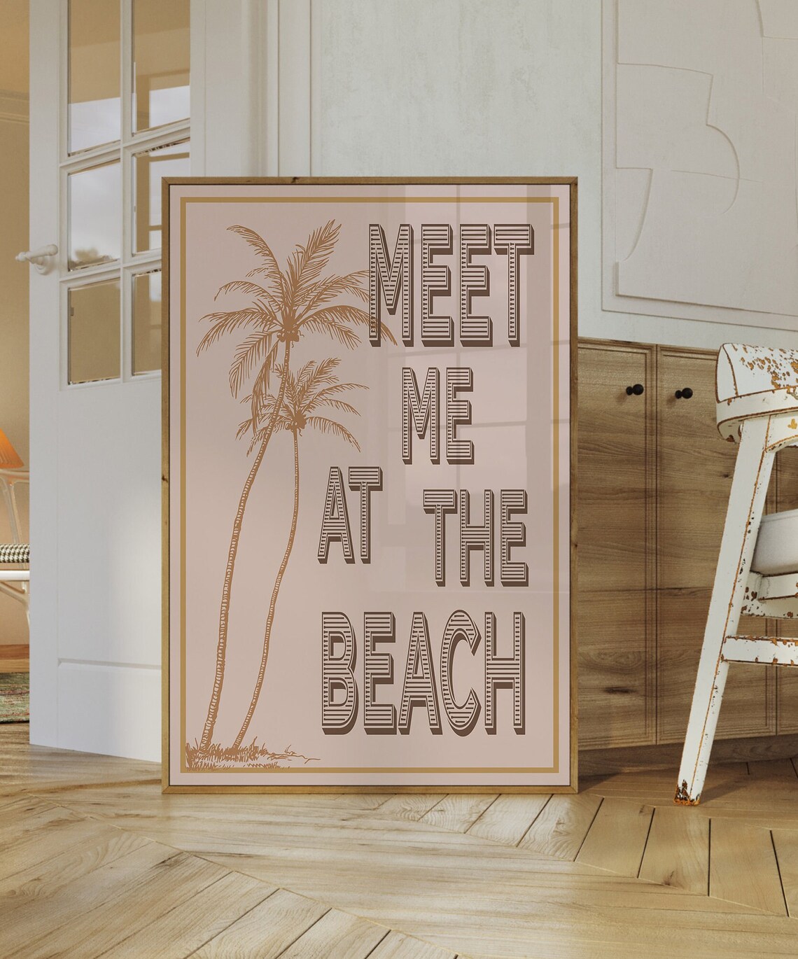 Meet Me At The Beach Palm Trees Brown Retro Coastal Quote Poster - Image 2