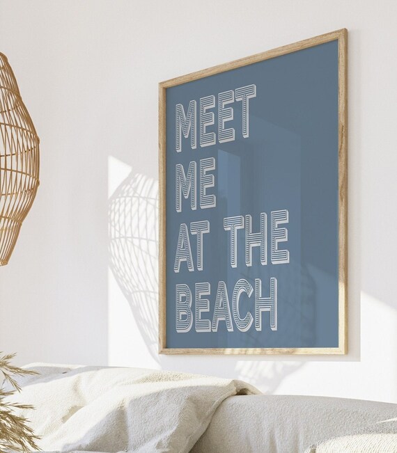 Meet Me At The Beach Blue Retro Typography Coastal Quote Poster