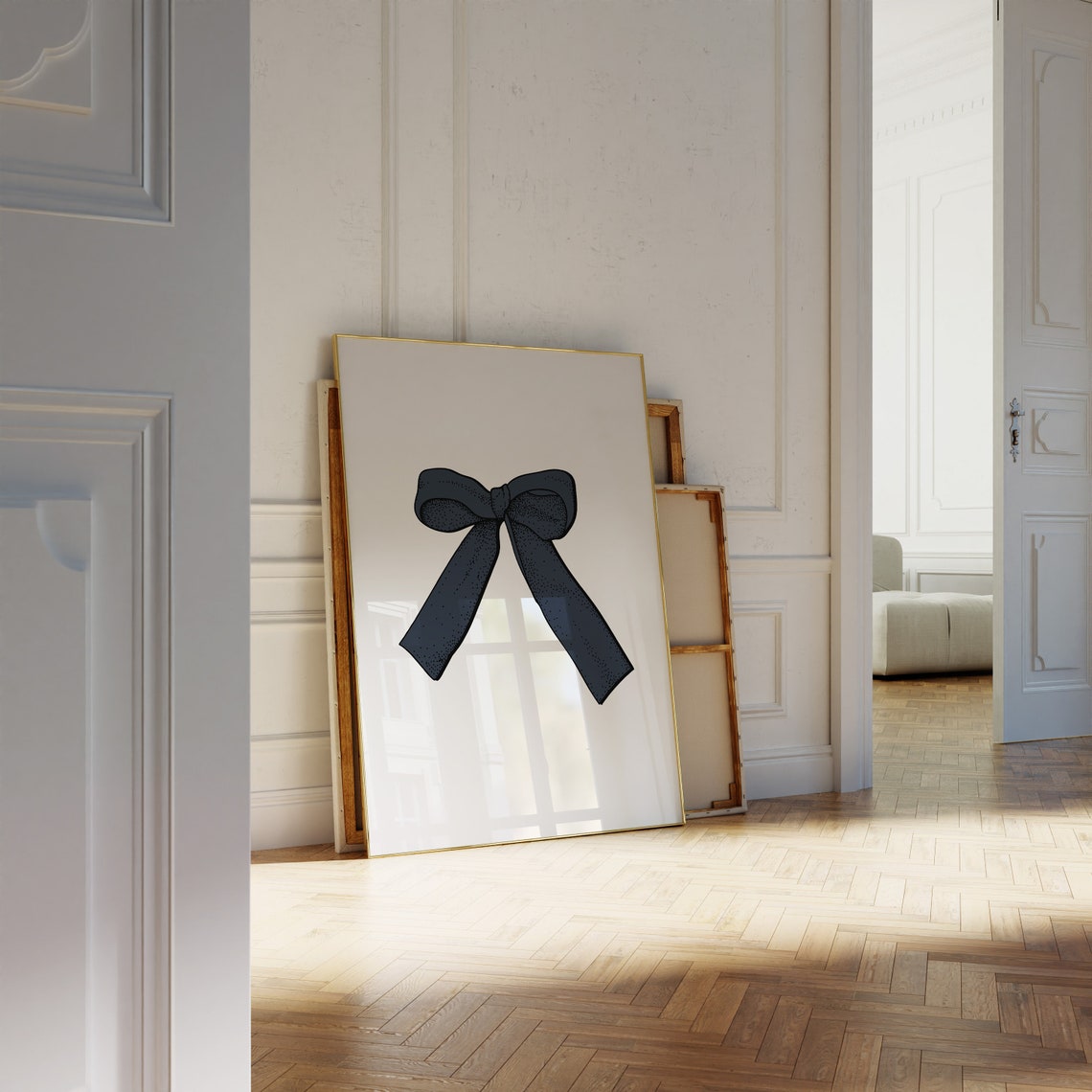 Navy Blue Coquette Bow Hand Drawn Ribbon Minimalist Art Poster - Image 2