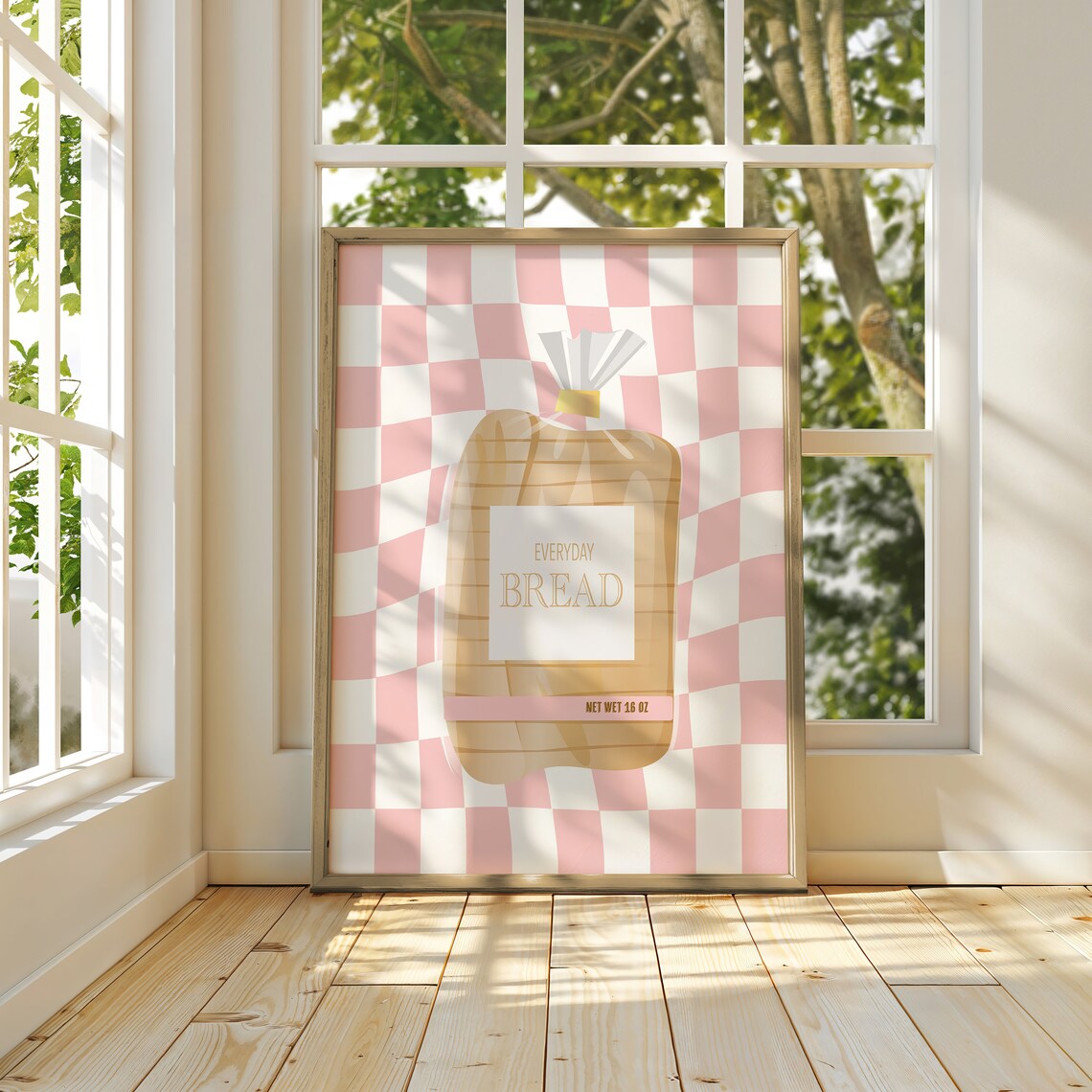 Everyday Bread Bag Illustration Pink Checkered Kitchen Art Poster - Image 2