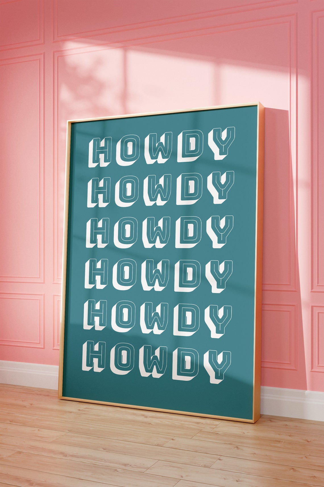 Howdy Repeated Six Times Cream Retro Type Teal Western Poster - Image 3