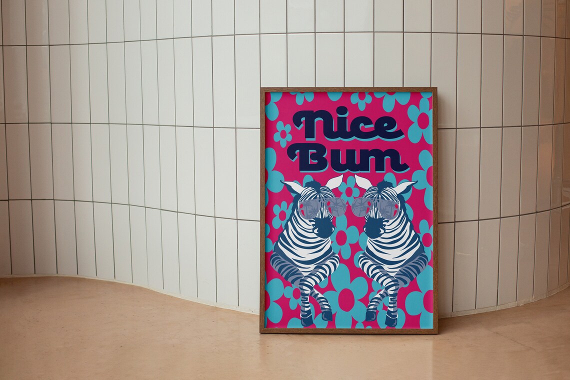 Hot Pink Nice Bum Zebras With Sunglasses Navy Retro Art Poster - Image 3