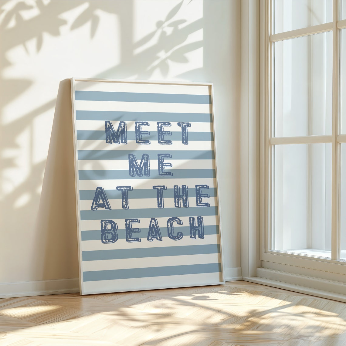 Meet Me At The Beach Striped Coastal Blue Typography Quote Poster - Image 2