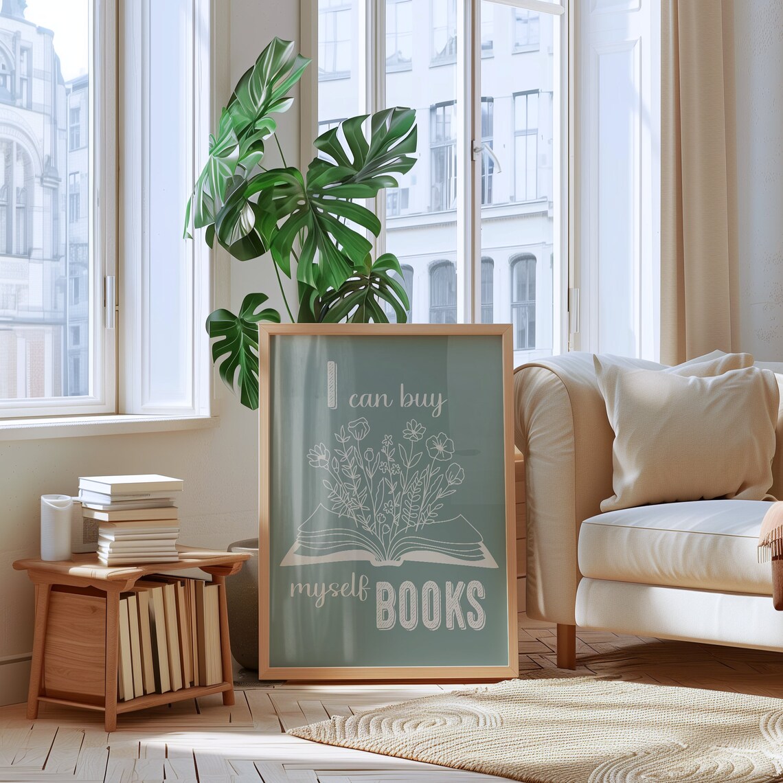 I Can Buy Myself Books Sage Green Floral Open Book Quote Poster - Image 3