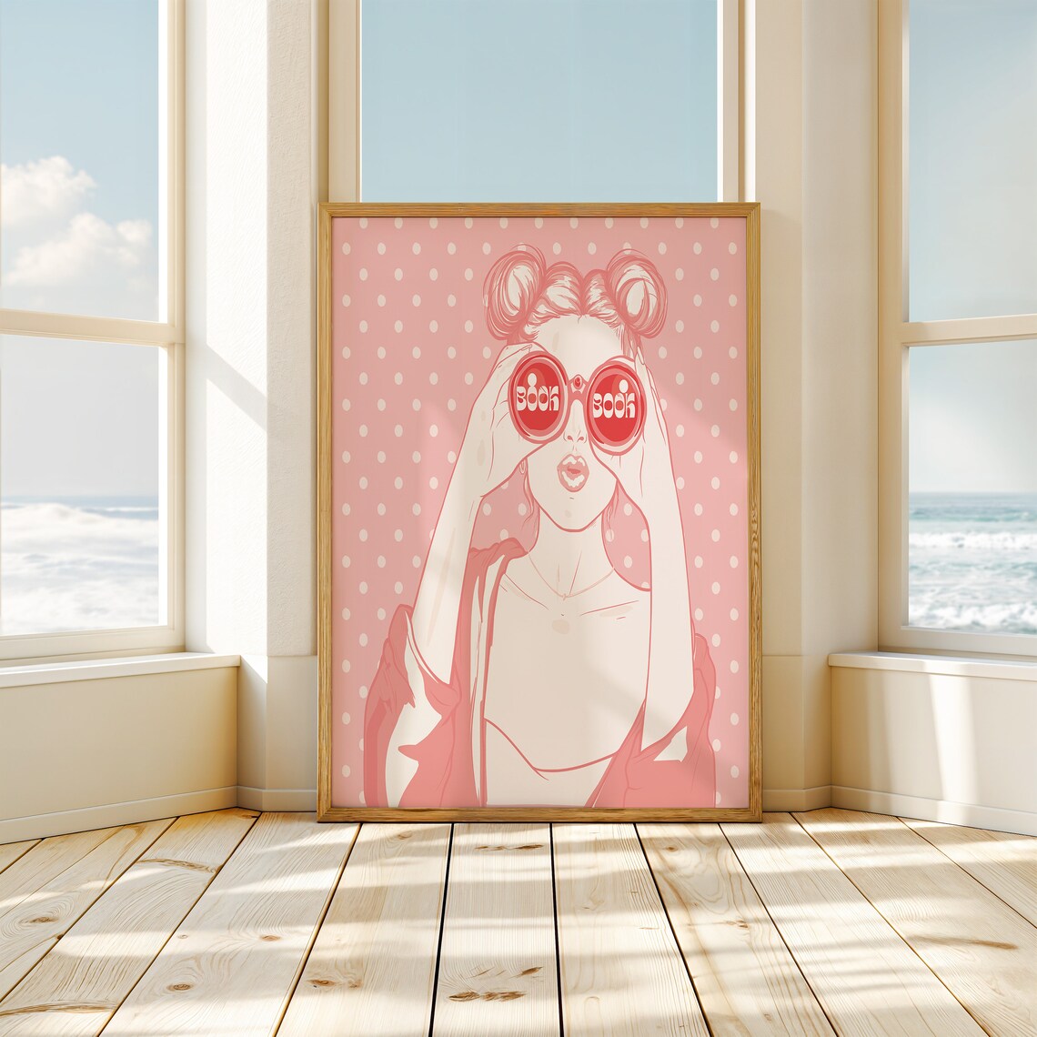 Book Lover Pink Red Reading Woman Binoculars Polka Dot Wall Art - Image 2