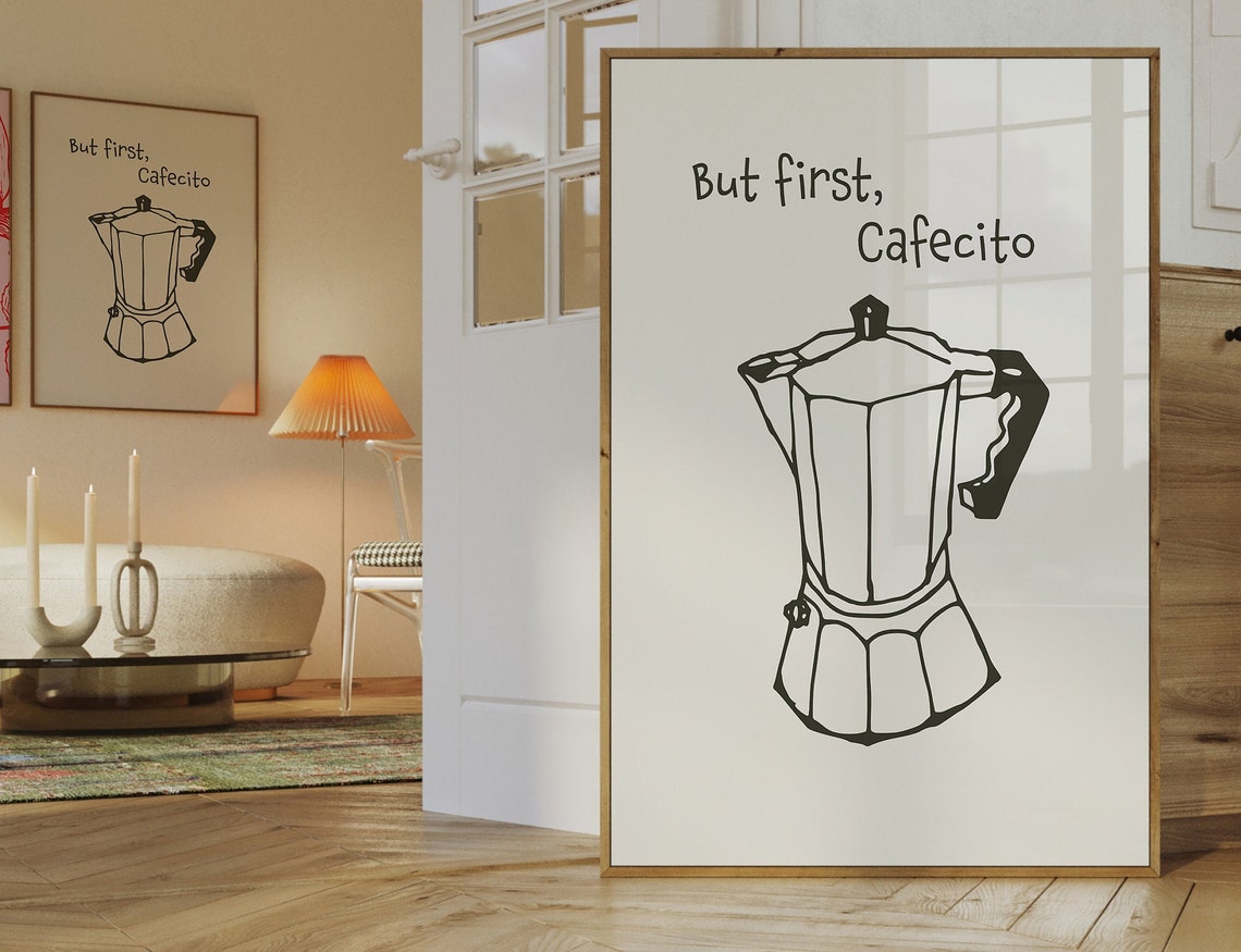 But First Cafecito Moka Pot Coffee Lover Line Art Decor Poster - Image 3