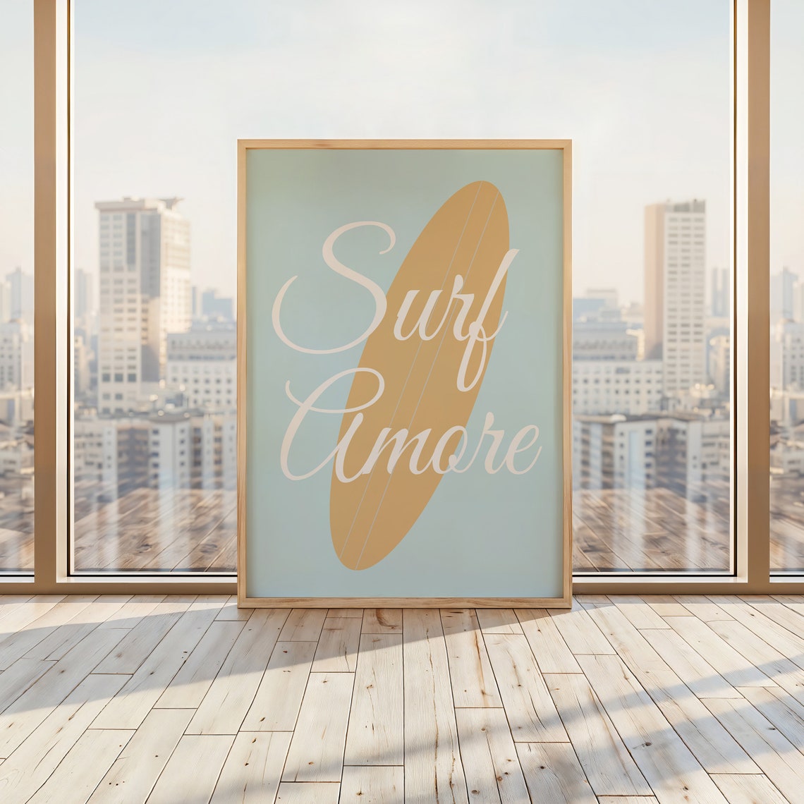 Surf Amore White Script Tan Surfboard on Coastal Blue Poster - Image 3