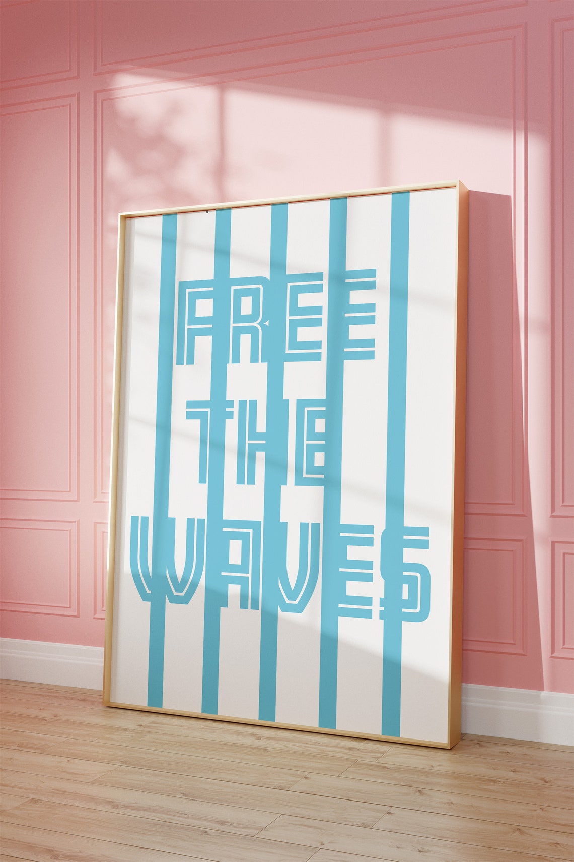Free The Waves Bold Blue Striped Minimal Surf Ocean Quote Poster - Image 3