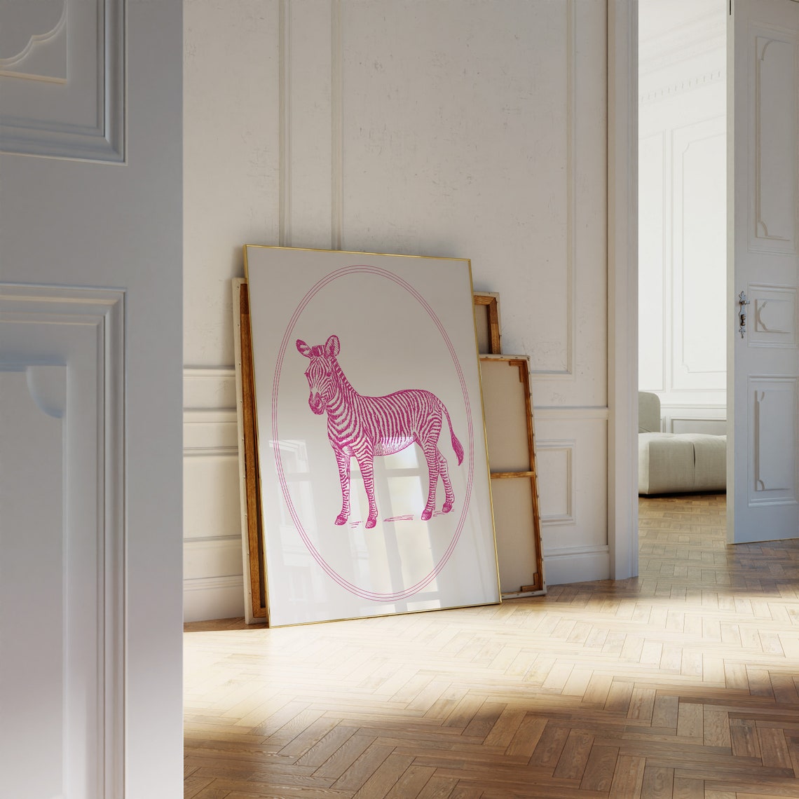 Pink Line Art Zebra Standing in Oval Frame Minimalist Art Poster - Image 3