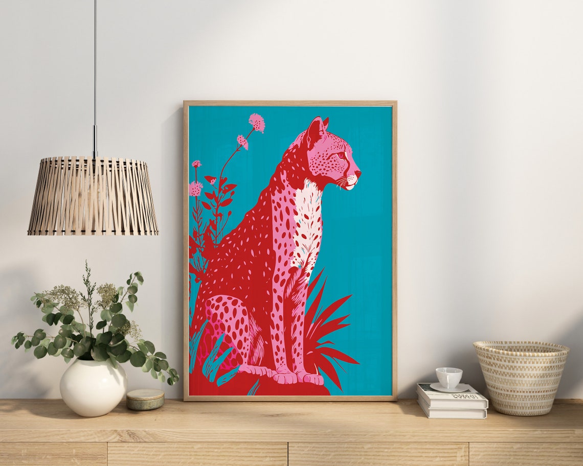 Red Pink Cheetah On Teal Bold Modern Big Cat Wildlife Poster - Image 2