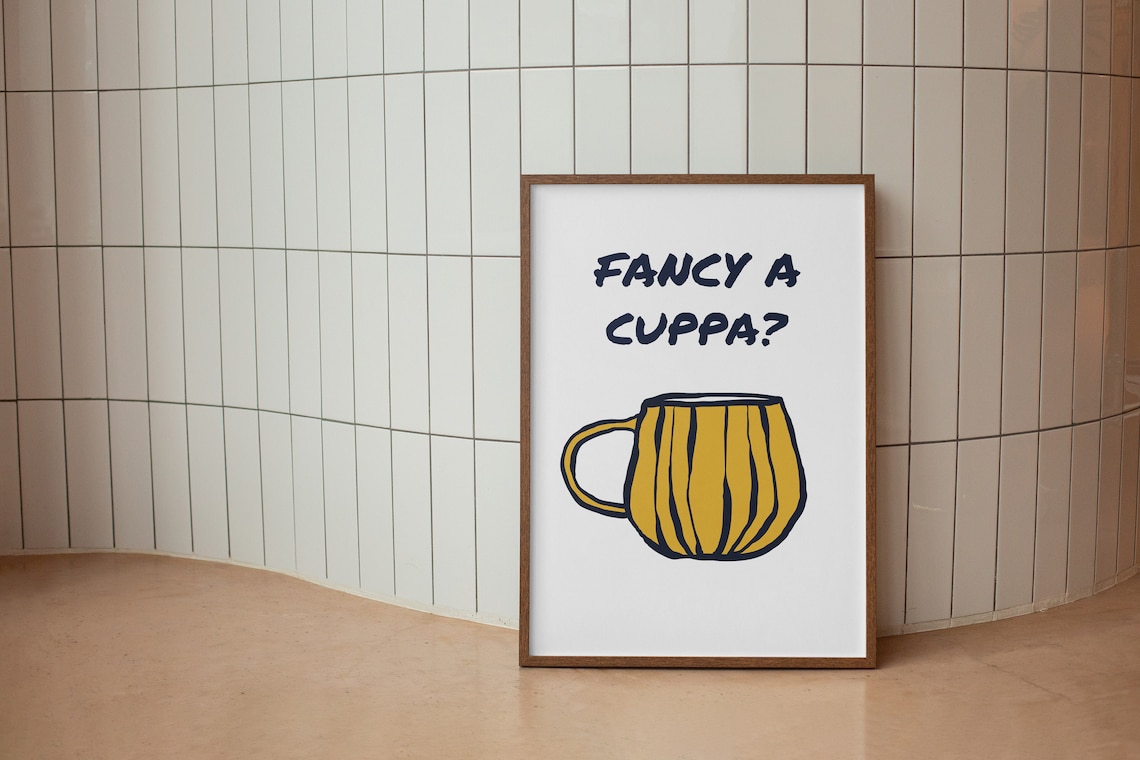 Fancy A Cuppa Yellow Striped Mug Retro Kitchen Wall Quote Poster - Image 2