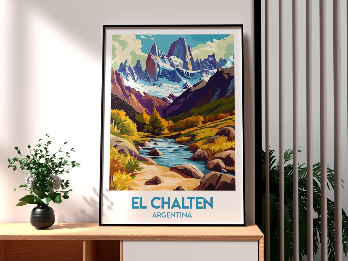 El Chalten Argentina Fitz Roy Peak River Valley Travel Poster
