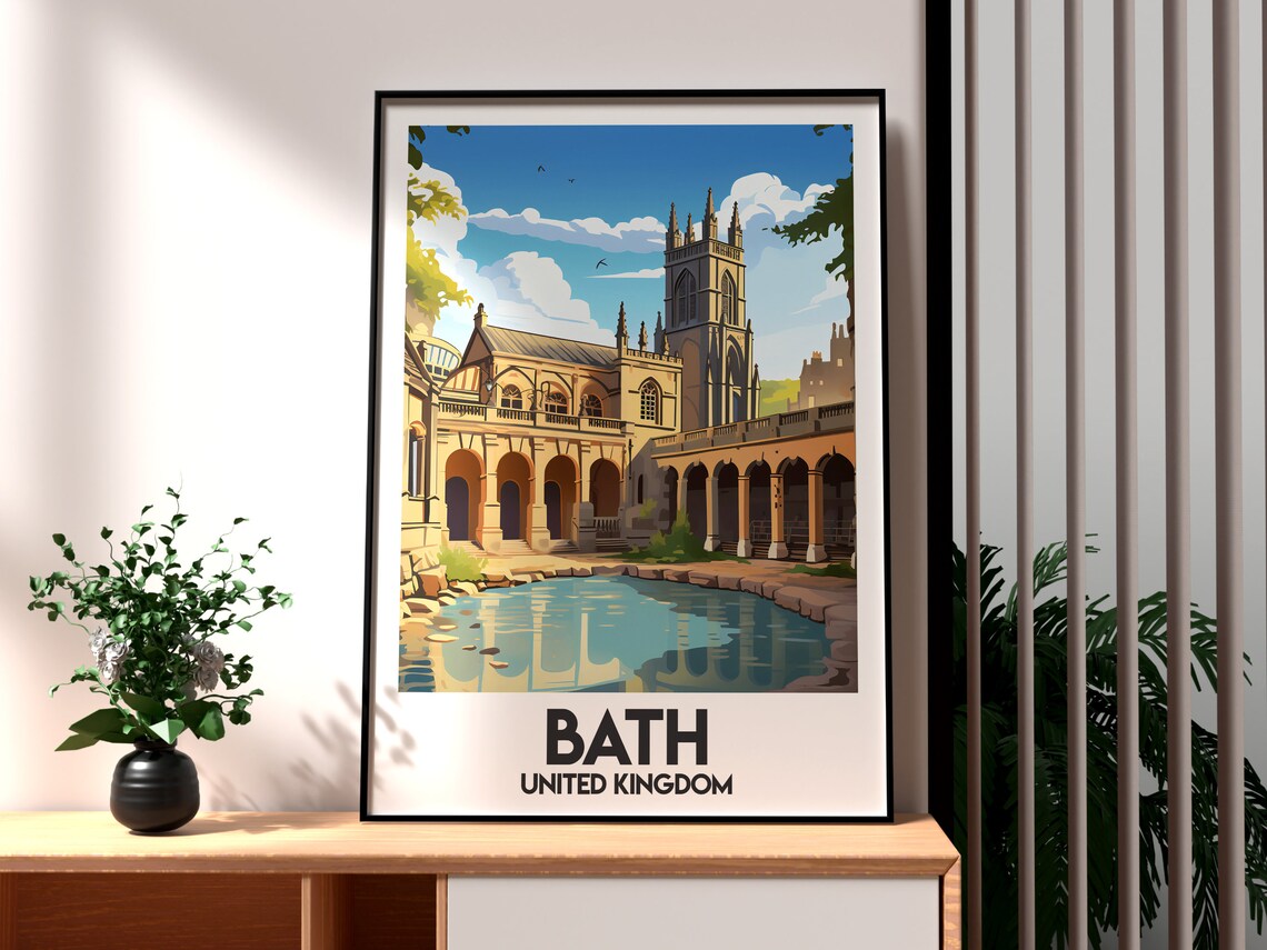 Bath United Kingdom Roman Baths And Abbey Vintage Travel Poster