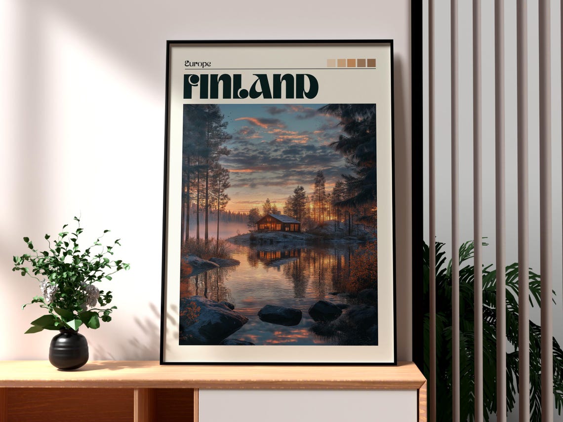 Finland Lakeside Cabin Sunset Pine Forest Reflections Poster
