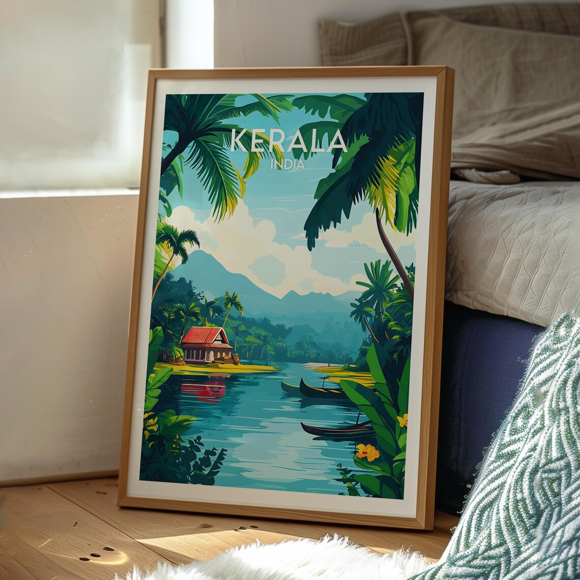Kerala India Serene Backwaters Palm Houseboat Lagoon Travel Poster - Image 3