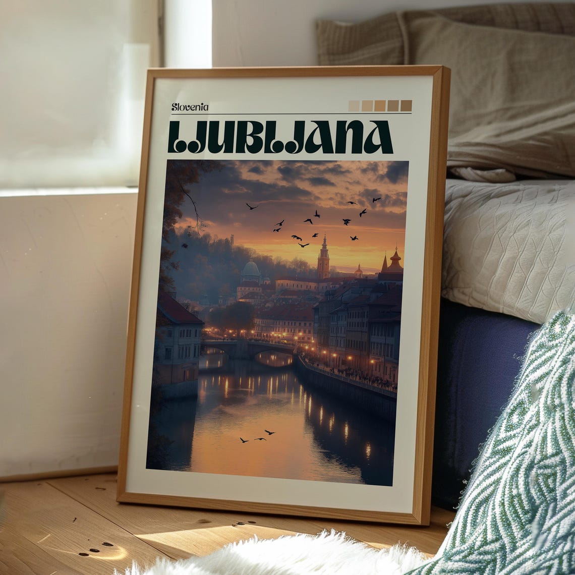 Ljubljana Slovenia Sunset River Bridges Birds Evening Travel Poster - Image 3