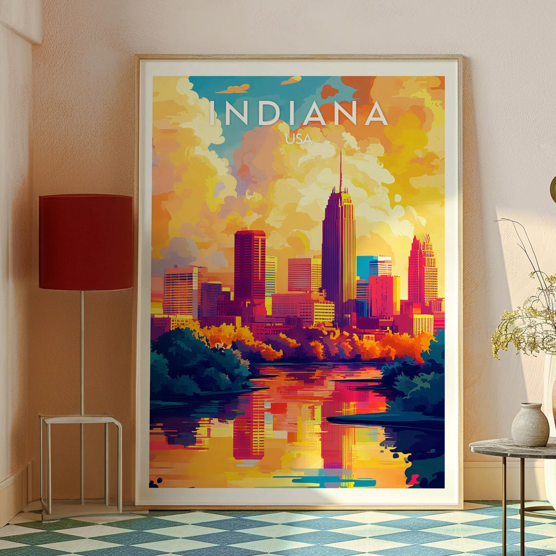 Indiana USA Indianapolis Skyline River Sunset Reflection Poster - Image 2