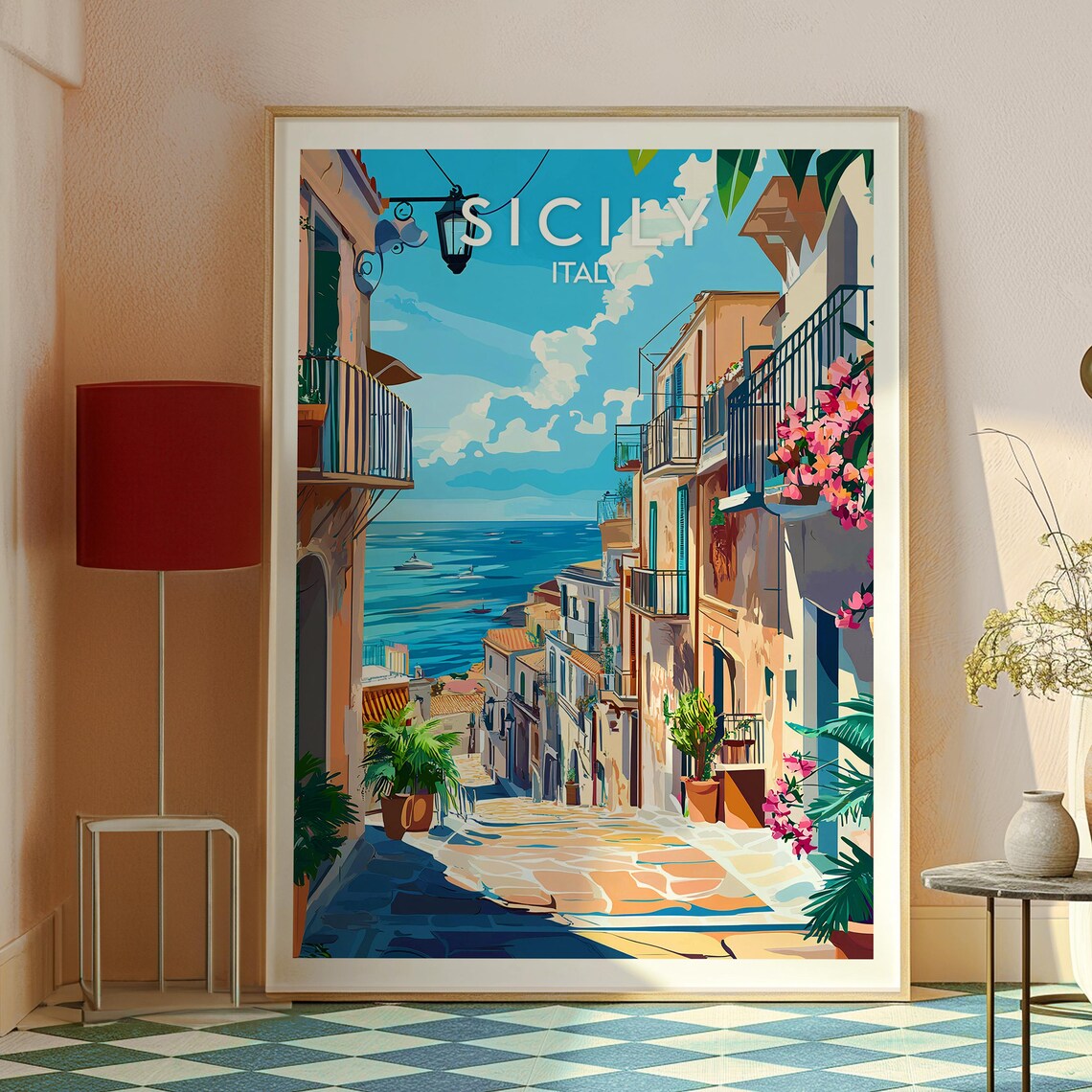 Sicily Italy Sunlit Seaside Lane Vintage Coastal Village Poster - Image 2