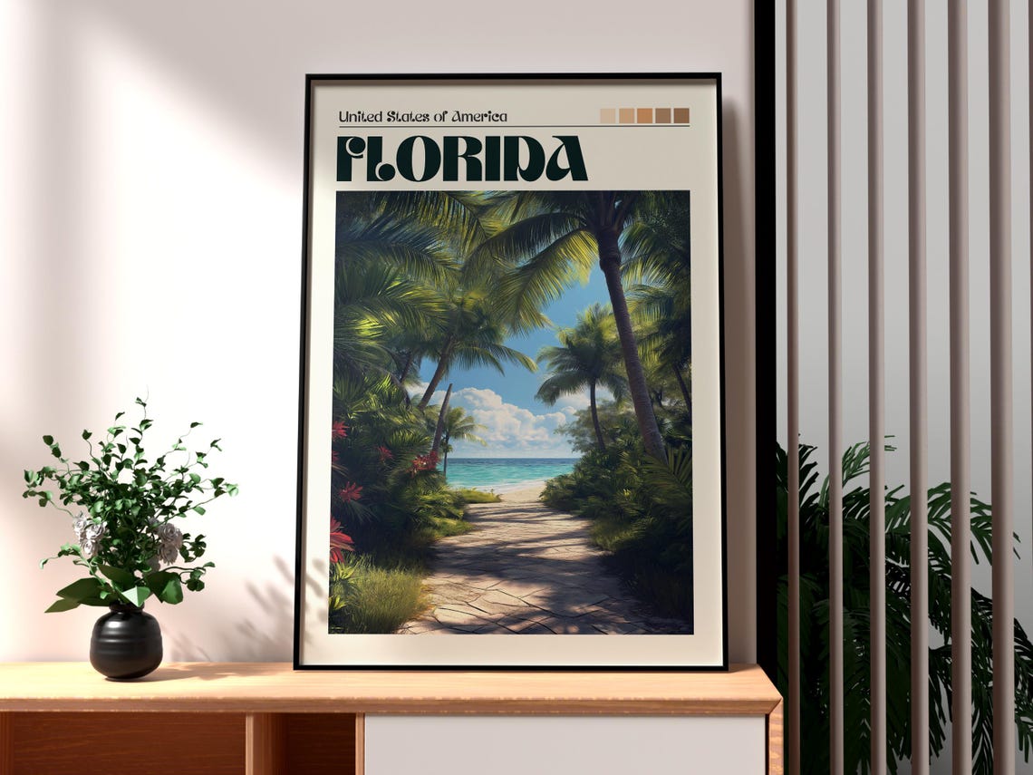 Florida USA Tropical Palm Path to Turquoise Beach Travel Poster