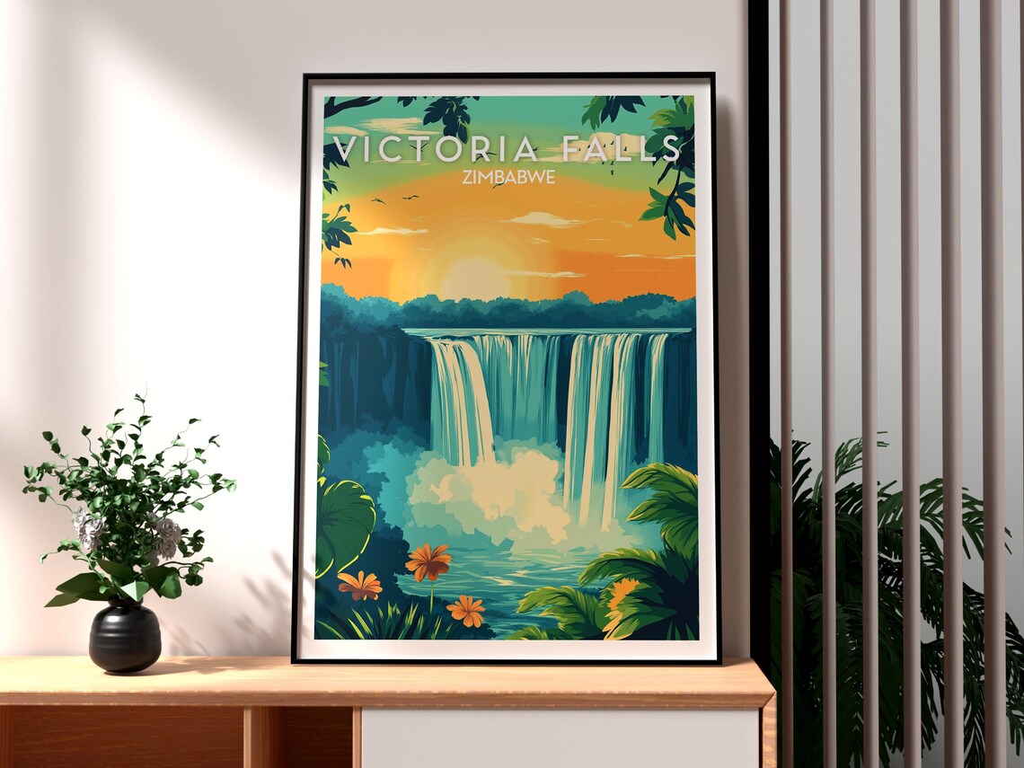 Victoria Falls Zimbabwe Sunset Falls Vintage Style Travel Poster