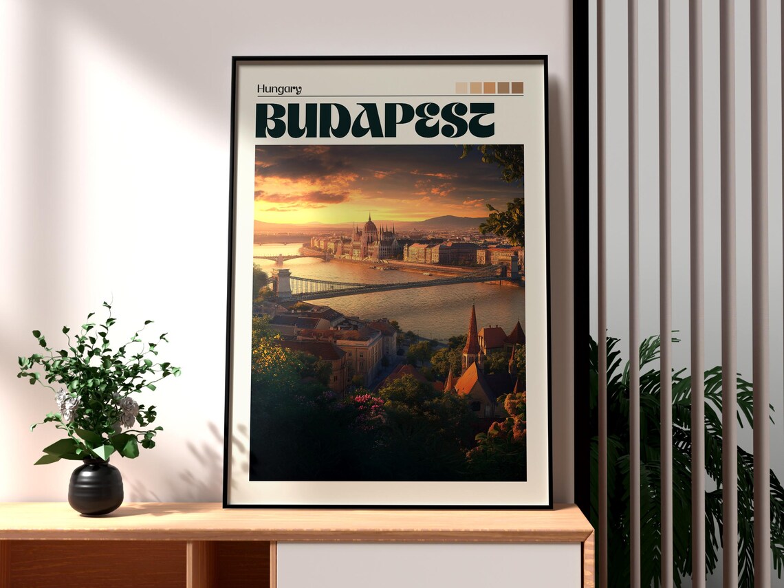 Budapest Hungary Sunset Danube Parliament Bridge Skyline Travel Poster