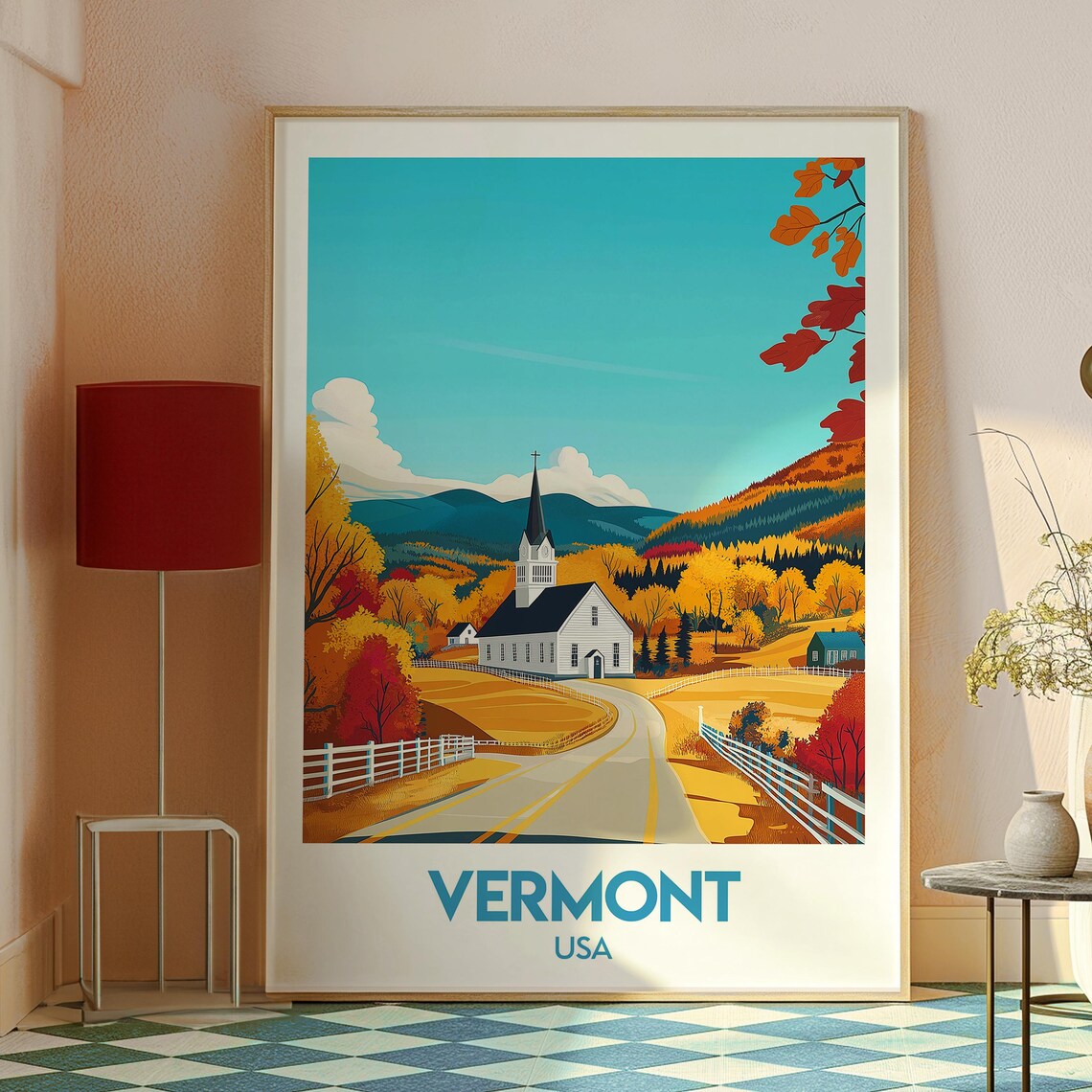 Vermont USA Autumn Foliage White Church New England Road Poster - Image 2
