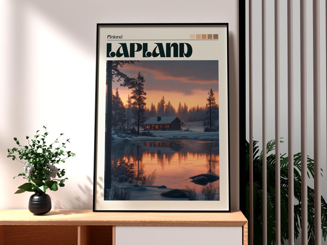 Lapland Finland Snowy Lakeside Cabin Winter Sunset Scene Poster