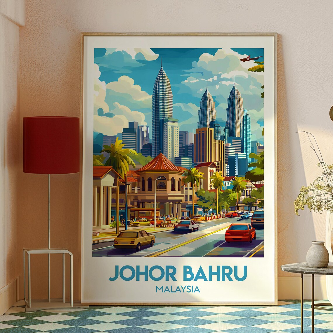 Johor Bahru Malaysia Colorful City Skyline Retro Travel Art Poster - Image 2