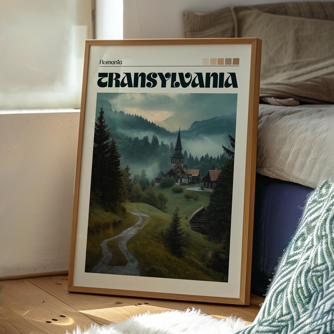 Transylvania Romania Misty Mountain Village Church Retro Travel Poster - Image 3