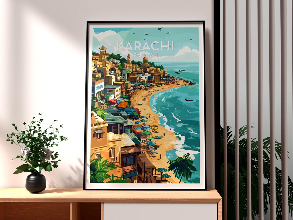 Karachi Pakistan Beach Hillside City Fishing Boats Travel Poster