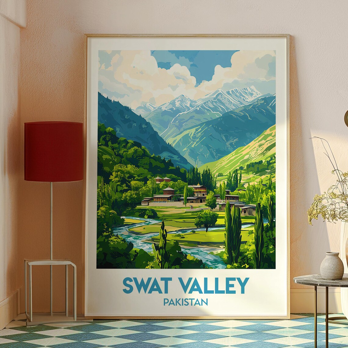 Swat Valley Pakistan Alpine Village River Mountain Travel Poster - Image 2
