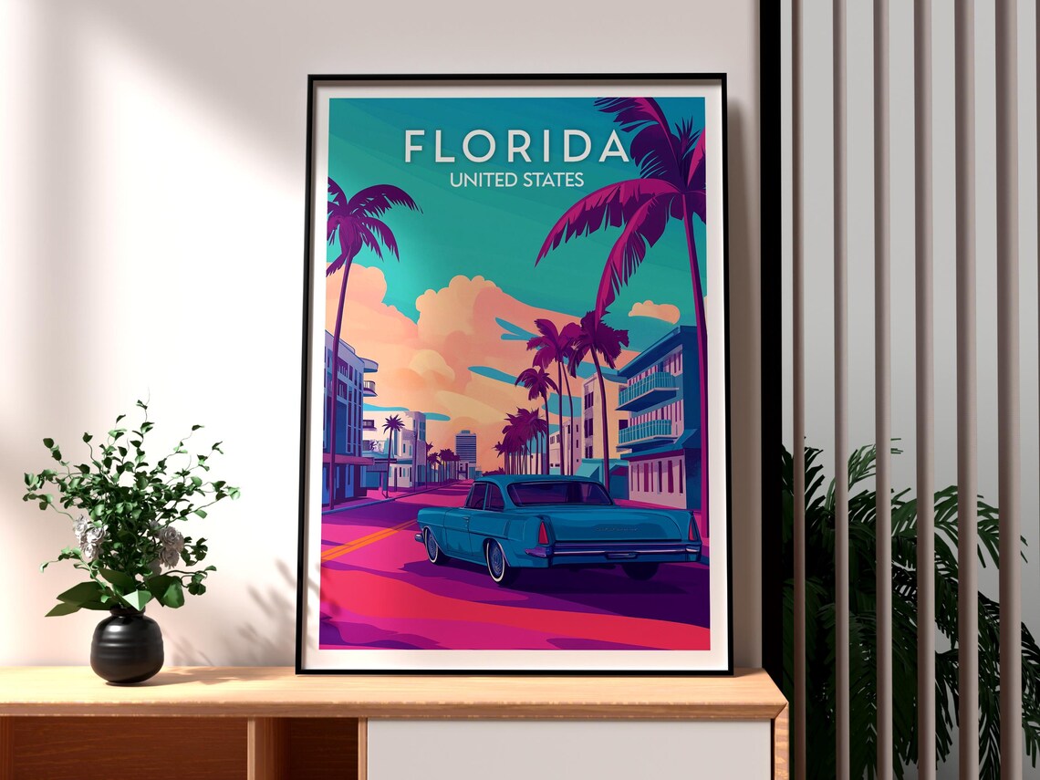 Florida Retro Street Classic Car Palm Trees Sunset Scene Travel Poster