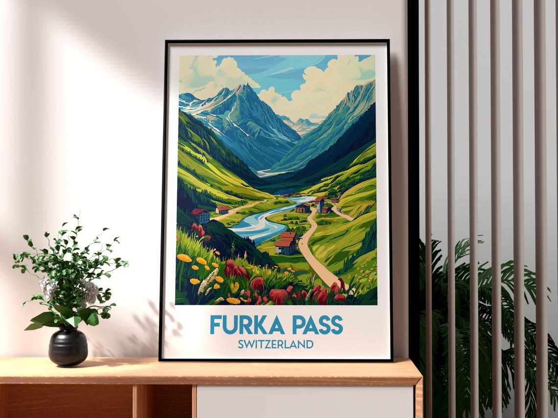 Furka Pass Switzerland Alpine Valley River Retro Travel Poster
