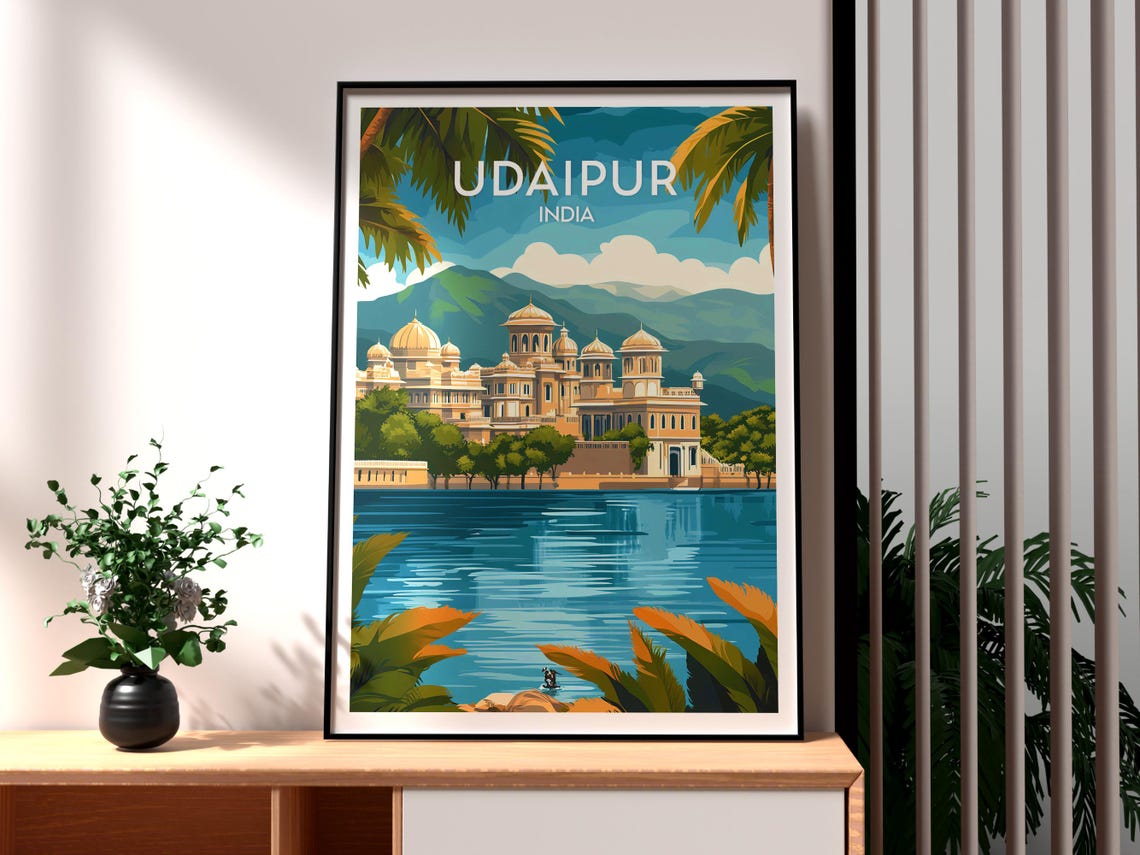 Udaipur India Lakeside Palace Domes Water View Travel Poster