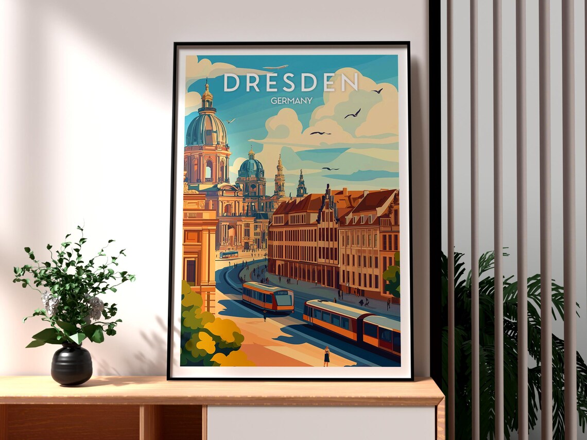 Dresden Germany Retro Travel Poster Old Town Tram Cathedral Art