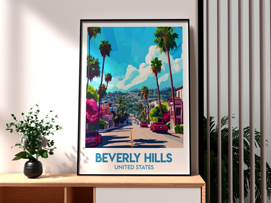 Beverly Hills United States Palm Lined Street Vintage Travel Poster