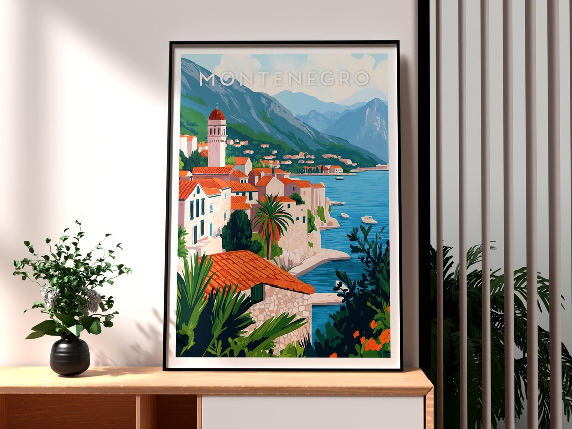 Montenegro Adriatic Coastal Old Town Bell Tower Bay Travel Poster