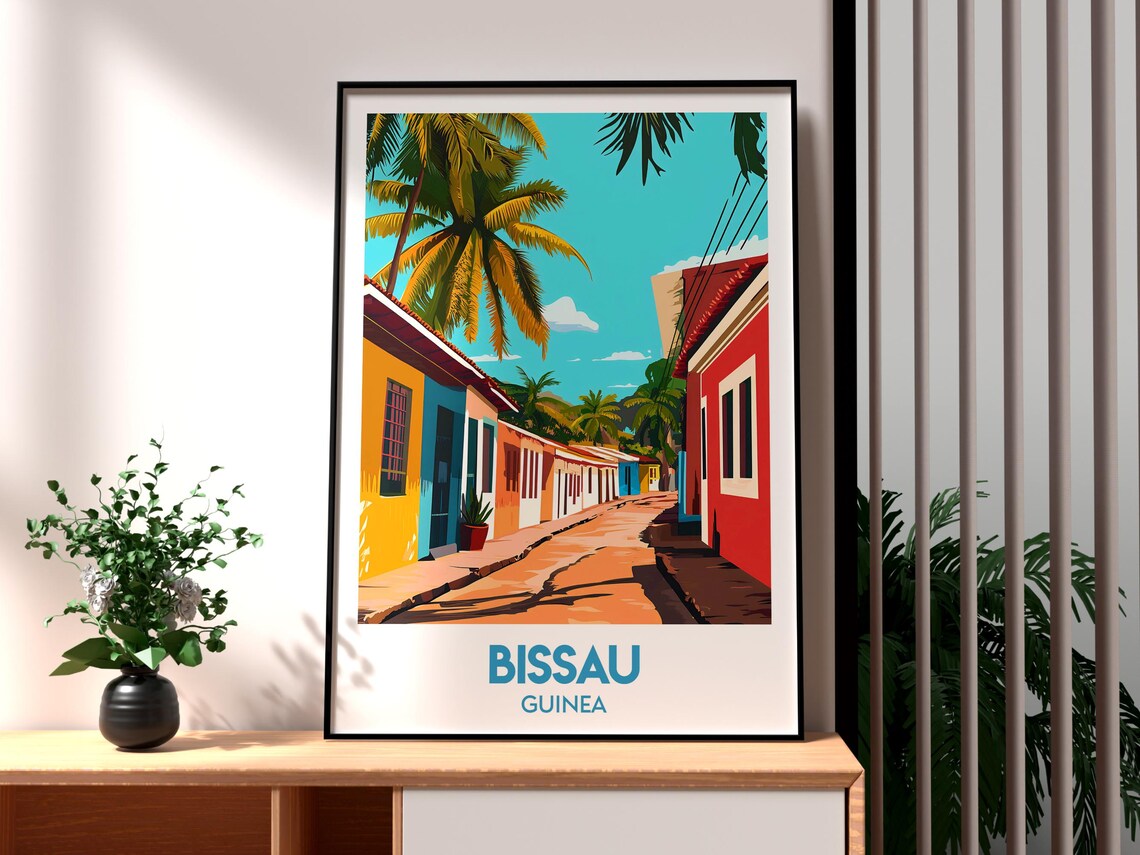 Bissau Guinea Colorful Colonial Street Palm Trees Travel Poster