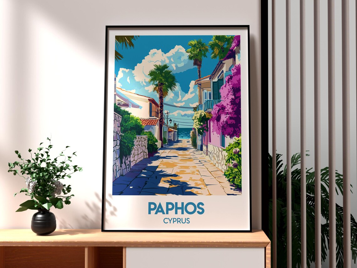 Paphos Cyprus Mediterranean Lane Palm Trees Sea Breeze Travel Poster