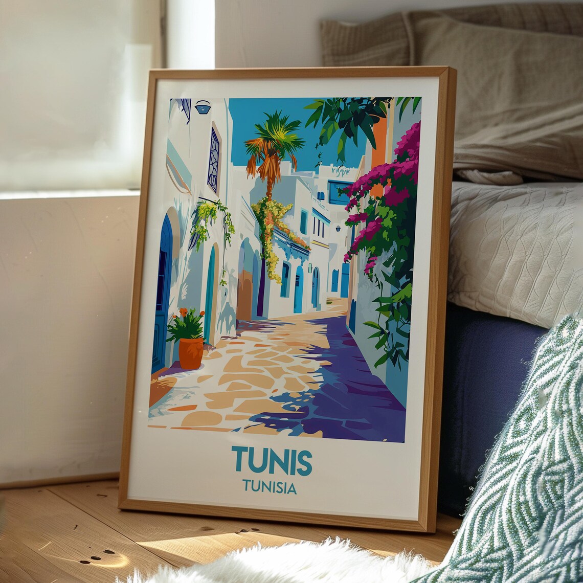 Tunis Tunisia Whitewashed Medina Alley Bougainvillea Travel Poster - Image 3