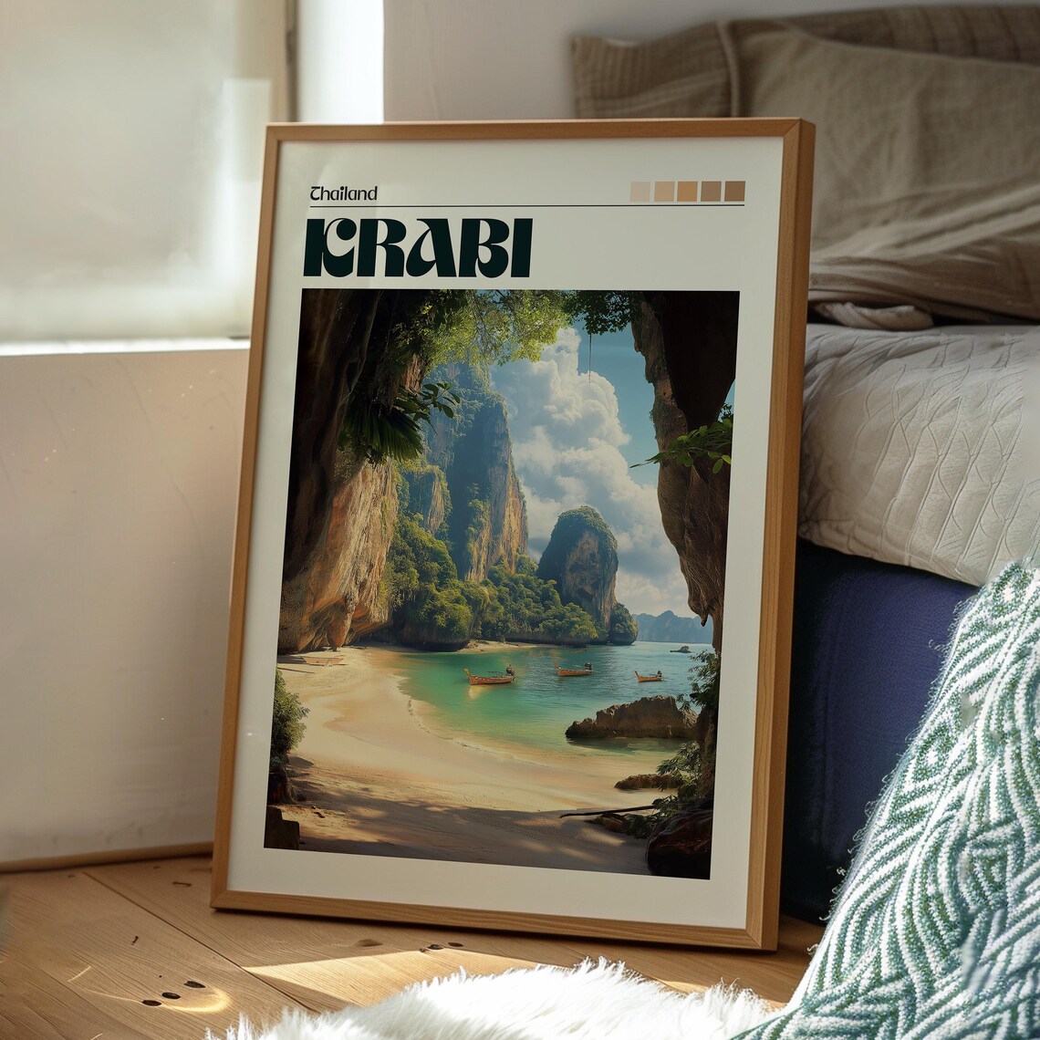 Krabi Thailand Limestone Cliffs Beach Longtail Boats Travel Poster - Image 3